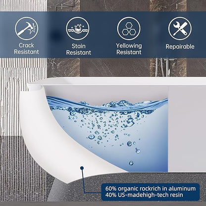 Stone Resin Freestanding Bathtub 67 ", Elegant Oval Shape Soaking Tub, Solid Surface Stand Alone Bathtub with Drain & Integrated Slotted Overflow Matte White AMFS340-1700