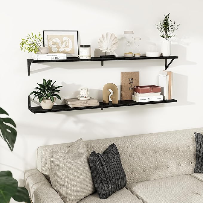 Dreamland 8 inch Deep Floating Shelves for Wall, 55W x 8D Wall Mounted Shelves Set of 2, Wide Display Ledge Shelf with Sturdy Metal Brackets for Living Room, Bathroom, Bedroom and Kitchen, Black