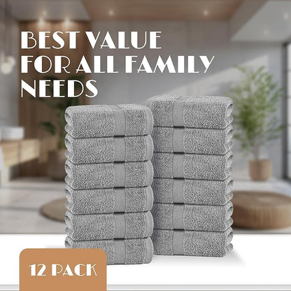 White Classic Light Gray Washcloths Set for Body and Face Towel, Cotton Wash Cloths Bulk 12 Pack, Spa Fingertip Wash Clothes 12x12 Inch, Soft Absorbent Gym Towels