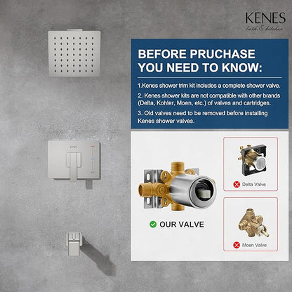 KENES Tub Shower Faucet Set Complete, Brushed Nickel Tub and Shower Trim Kit with 6-Inch Rain Shower Head, Square Shower System, KE-6025A (Shower Valve Included)