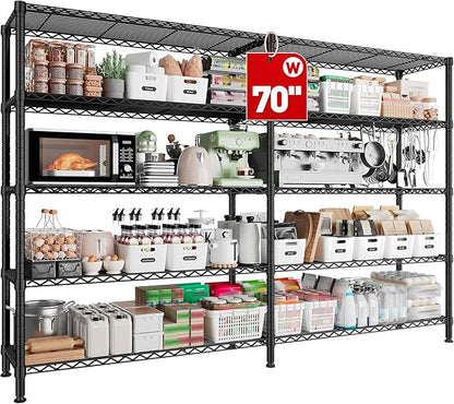 REIBII 70" W Storage Shelves Load 1600LBS,Metal Shelving 5-Tier Wire Shelving Unit Garage Shelving for Storage Adjustable Metal Shelves for Pantry Kitchen Garage Commercial, 70" W*15.8" D*72.4" H