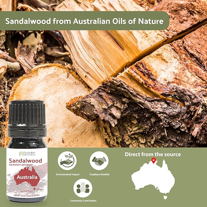 Sandalwood Essential Oil - Direct from Australian Oils of Nature - Steam Distilled - Aceite Esencial de Sándalo for Aromatherapy, Massage, Diffuser, DIY Candle and Soap Making - 5ml