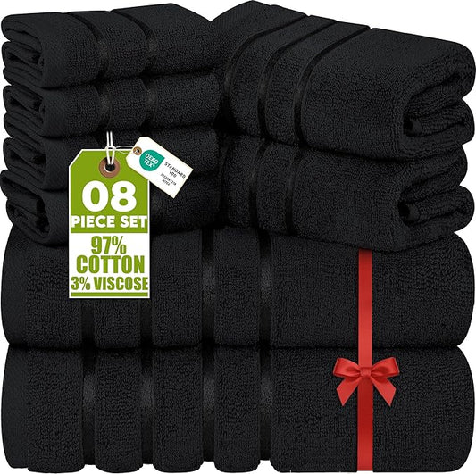 Utopia Towels 8 Piece Luxury Towel Set, 2 Bath, 2 Hand, and 4 Wash Cloths, 600 GSM Ring Spun Cotton, Highly Absorbent Viscose Stripe Towels, Ideal for Everyday use, Black