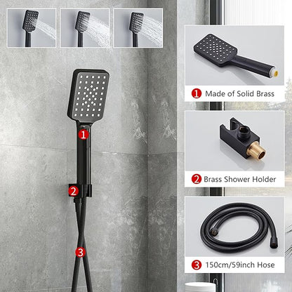 Shower Faucet Set Complete Matte Black Shower System with 8 inch Square Rainfall Shower Head 3-Function Handheld Shower Waterfall Bathtub Spout Rain Shower Combo Set Bathroom Wall Mounted