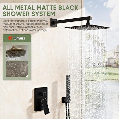 Black Shower System, Wall Mounted Shower Faucet Set with Valve, 10-Inch Rainfall Shower Head with Handheld Combo Spray, 59'' Long Shower Hose and Shower Trim Kit, Matte Black