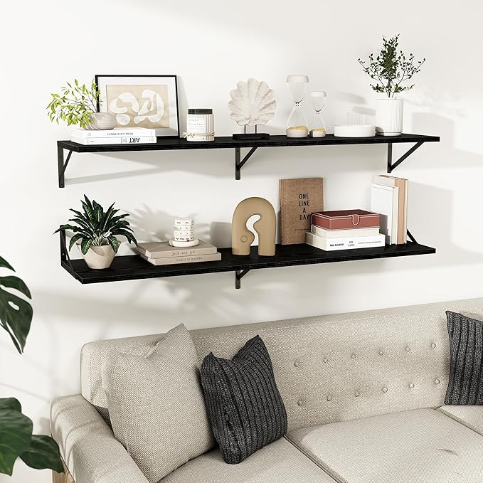 Dreamland Floating Shelves for Wall, 12 Inch Deep Floating Shelves Set of 2, 55W x 12D Large Wall Shelf with Sturdy Metal Brackets for Living Room, Bathroom, Bedroom and Kitchen, Black