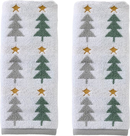 SKL Home Christmas/Winter Multi Trees 100% Cotton Premium 2-Piece Hand Towel Set, 500 GSM, Reversible Jacquard, Soft & Absorbent, Decorative for Bath/Kitchen/Bar, Multi