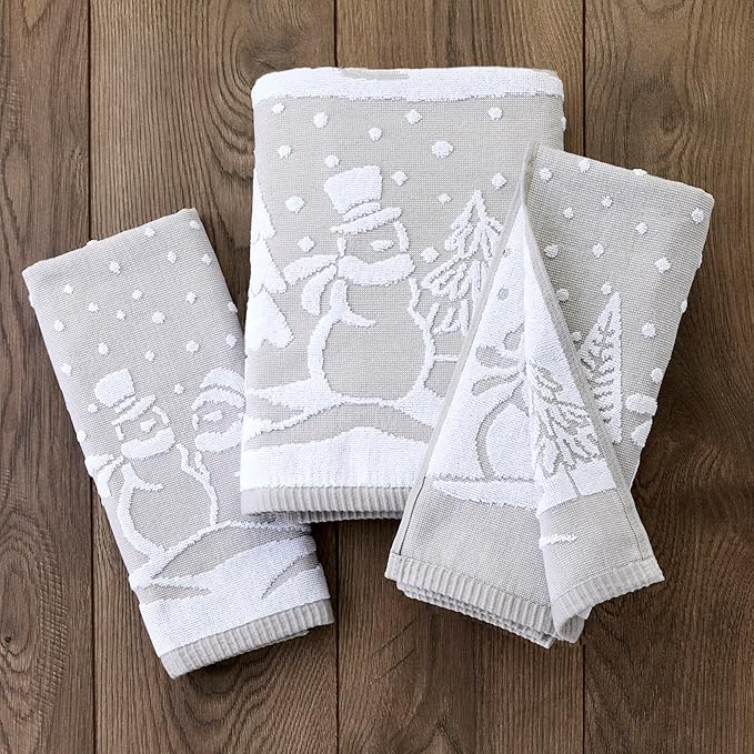 SKL Home Christmas/Winter Scenic Snowmen 100% Cotton Premium Bath Towel, 500 GSM, Soft & Absorbent, Reversible Jacquard, Decorative, Gray