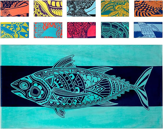 Nova Blue Tuna Fish Beach Towel (34 X 63) – Blue Striped Cotton Beach Towels Made from 100% Cotton – Quick Drying Pool Towel with Tropical Design – Beach Towel Large Oversized