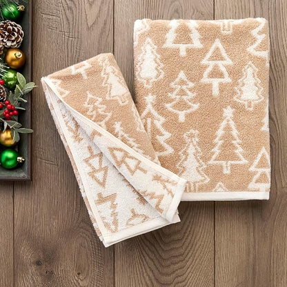 SKL Home Christmas/Winter Mod Tree 100% Cotton Premium 2-Piece Hand Towel Set, 450 GSM, Reversible Jacquard, Soft & Absorbent, Decorative for Bath/Kitchen/Bar, Tan