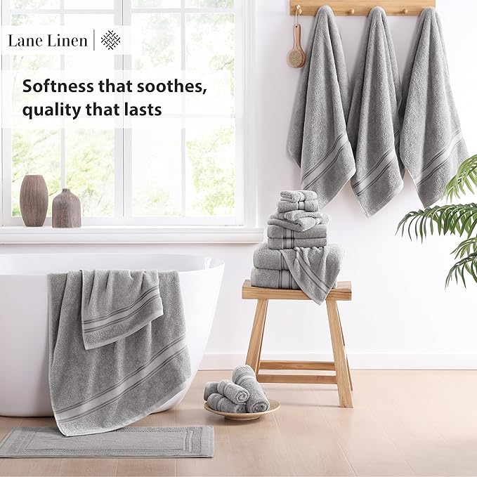 LANE LINEN 18 Pack Towels for Bathroom – 100% Mercerized Cotton, Zero Twist, 6 Bath, 6 Hand Towel & 6 Wash Cloths,Gentle on Body, Highly Absorbent, Remains Soft After Wash, Hotel & Spa Quality – Grey