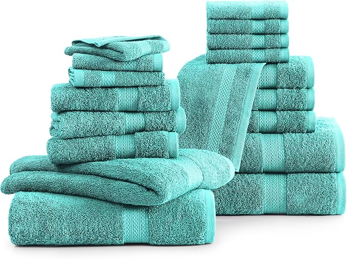 LANE LINEN 100% Ring Spun Cotton Bath Towel Set, 18PCs - 4 Shower Towels, 8 Washcloths, 6 Premium Hand Towels for Bathroom - Hotel Quality Softness & Oeko-Tex Certified, Sustainably Produced - Teal