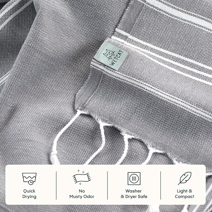 WETCAT Turkish Hand Towels with Hanging Loop, Set of 2 (20" x 30") 100% Turkish Cotton, Pre-Washed, Quick Drying, for Kitchen or Bathroom - Dark Gray