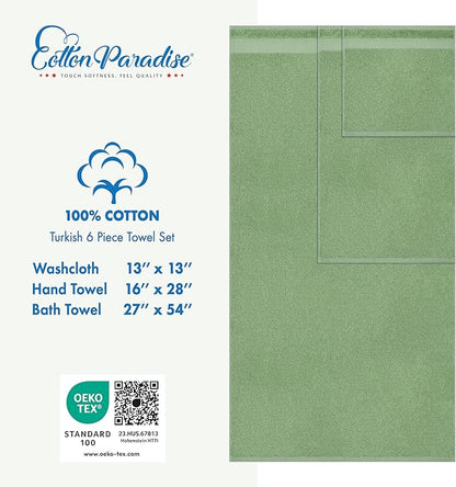 Cotton Paradise 6 Piece Towel Set 100% Cotton Soft Absorbent Turkish Towels for Bathroom 2 Bath Towels 2 Hand Towels 2 Washcloths Sage Green Towel Set