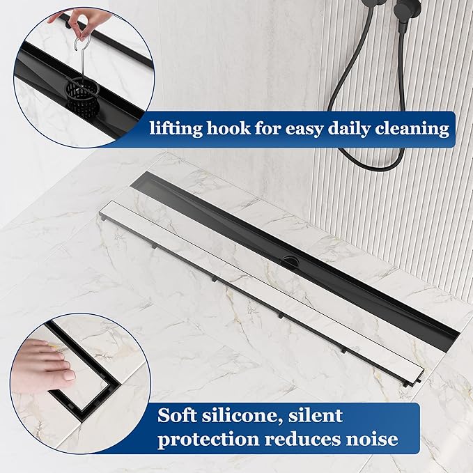 Neodrain 48-Inch Linear Shower Drain with Tile Insert Grate, Matte Black 304 Stainless Steel Rectangle Shower Floor Drain, Linear Drain with Leveling Feet, Hair Strainer