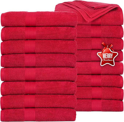 Ample Decor Bath Towels Pack of 16 600 GSM 100% Cotton, Absorbent Soft Premium Quality for Bathroom, Hotel, Spa, Gym, Kitchen - Christmas Red - 30 X 54 Inch