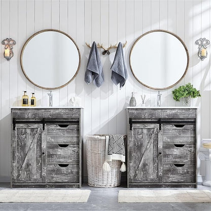 30" Farmhouse Bathroom Vanity with Sink, Freestanding Bathroom Storage Vanity Cabinet w/Sliding Barn Door & 3 Drawers, Adjustable Shelves, Light Grey