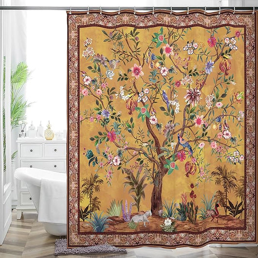 Bohemian Shower Curtain, Boho Floral Print Water Repellent Polyester Fabric for Bathroom Decor, 72×72 Inch Standard Size with 12 Hooks, Also as Room Divider