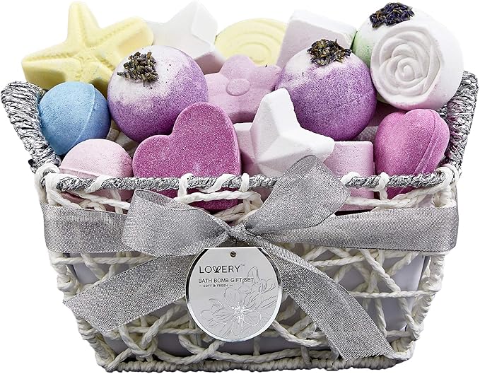 Christmas Bath Bombs Gift Set for Women, 17 Large Bath Fizzies in Assorted Colors, Shapes & Scents,Bath and Body Spa Set with Shea & Coco Butter–Ultra Rich Spa Set in Handmade Weaved Basket