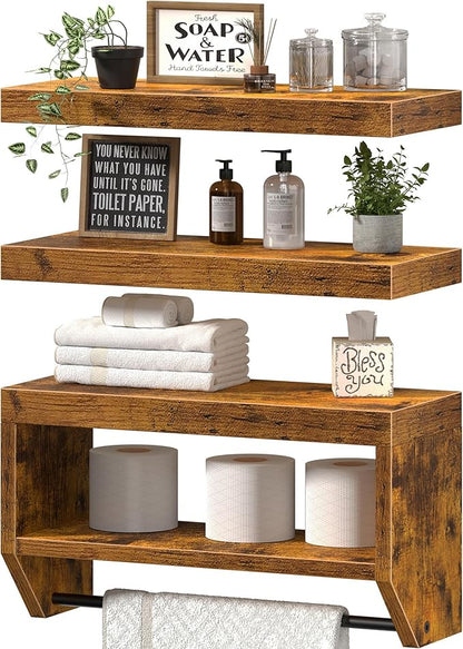QEEIG Bathroom Floating Shelves for Wall - Shelf Over Toilet Paper Storage Farmhouse 16 inch Set of 3, Rustic Brown (028-40BN3)