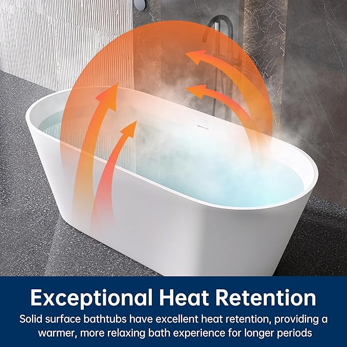 67'' Flatbottom Bathtub Solid Surface Freestanding Bathtub Matte Bathroom Soaking Bathtubs Resin Stone Oval Soak Tubs with Overflow and Pop-up Drain - White
