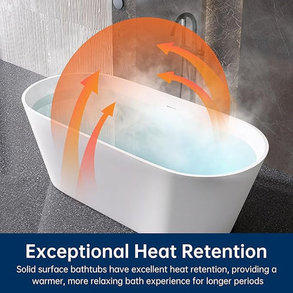 67'' Flatbottom Bathtub Solid Surface Freestanding Bathtub Matte Bathroom Soaking Bathtubs Resin Stone Oval Soak Tubs with Overflow and Pop-up Drain - White