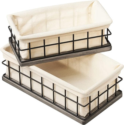 BAOBAB WORKSHOP Set of 2 Metal & Wooden Basket with Liners - Bathroom Basket Organizer & Kitchen Storage Decor - Toilet Paper Baskets for Back of Toilet Tank Tray Topper