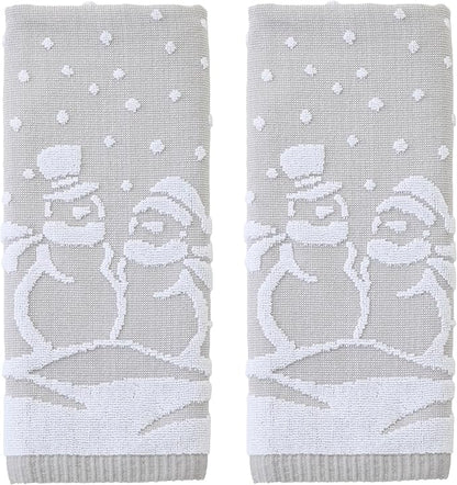 SKL Home Christmas/Winter Scenic Snowmen 100% Cotton Premium 2-Piece Hand Towel Set, 500 GSM, Reversible Jacquard, Soft & Absorbent, Decorative for Bath/Kitchen/Bar, Gray