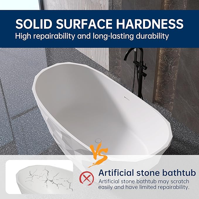 64'' Stone Resin Solid Surface Freestanding Bathtub, Modern Elegant Design Soaking Stand Alone Tub, Diamond Pattern Matte White, Drain and Overflow Included 019-1630