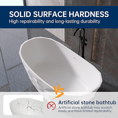 64'' Stone Resin Solid Surface Freestanding Bathtub, Modern Elegant Design Soaking Stand Alone Tub, Diamond Pattern Matte White, Drain and Overflow Included 019-1630