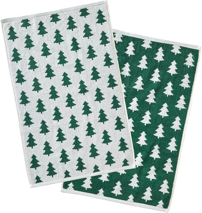 SKL Home Christmas/Winter Holiday Trees 100% Cotton Premium 2-Piece Hand Towel Set, 500 GSM, Reversible Jacquard, Soft & Absorbent, Decorative for Bath/Kitchen/Bar & Gift, Green/White