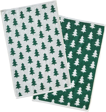 SKL Home Christmas/Winter Holiday Trees 100% Cotton Premium 2-Piece Hand Towel Set, 500 GSM, Reversible Jacquard, Soft & Absorbent, Decorative for Bath/Kitchen/Bar & Gift, Green/White