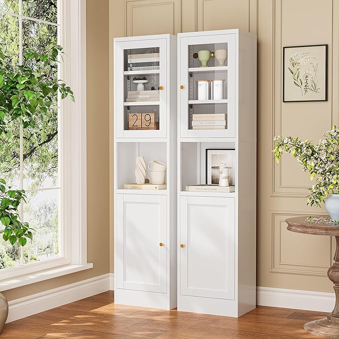 Narrow Glass Door Storage Cabinet Tall Metal Storage Cbinets with 4 Adjustable Shelves Freestanding 5 Tier Slim Pantry Cabinet for Kitchen Office Small Space