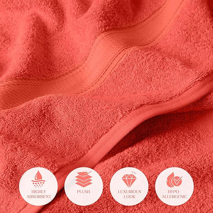 Superior Egyptian Cotton Pile Bath Towel Set of 2, Ultra Soft Luxury Towels, Thick Plush Essentials, Absorbent Heavyweight, Guest Bath, Hotel, Spa, Home Bathroom, Shower Basics, Coral