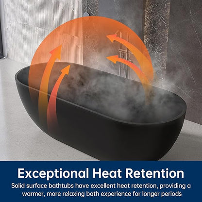 69" Stone Resin Freestanding Bathtub, Oval Solid Surface Bathroom Freestanding Tub, Thin Edge Stand Alone Tub with Integrated Slotted Overflow and Pop-up Drain, Matte Black AFS307-1750
