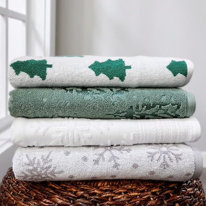 SKL Home Christmas/Winter Holiday Trees 100% Cotton Premium Bath Towel, 500 GSM, Soft & Absorbent, Reversible Jacquard, Decorative, Green/White