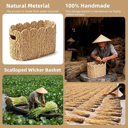Toilet Paper Basket, 2 Packs Toilet Paper Storage Basket, Hand-Woven Wicker Bathroom Basket Organizer and Storage, Natural Water Hyacinth Slim Scalloped Basket Magazine Basket