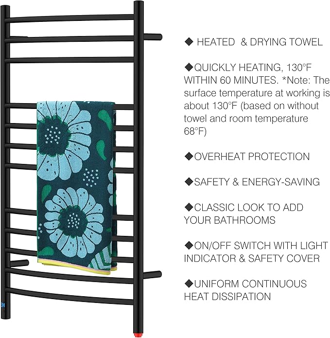 HEATGENE Electric Towel Warmer with Built-in Timer & Temperature Control, Wall-Mounted 12-Bar Large Towel Rack, Plug-in/Hardwired Heated Towel Rail for Bathroom - Matte Black