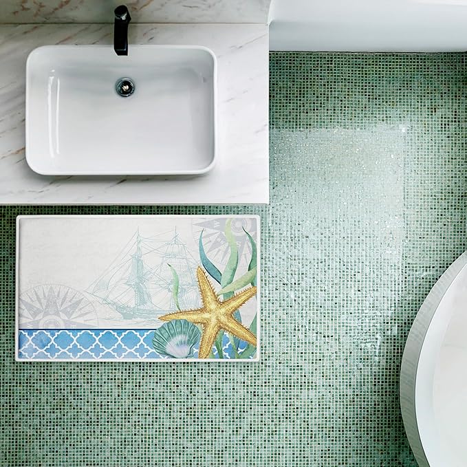 Stupell Industries Bayside Sea Life & Ship Plush Bathroom Mat & Bath Rug, Soft Quick-Dry Non-Slip Bathroom Rug with Recycled Foam Cushion, Coastal Nautical Marine Design by Kim Allen, 18"x30"