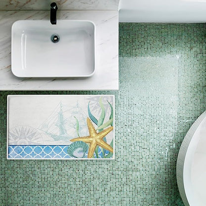 Stupell Industries Bayside Sea Life & Ship Plush Bathroom Mat & Bath Rug, Soft Quick-Dry Non-Slip Bathroom Rug with Recycled Foam Cushion, Coastal Nautical Marine Design by Kim Allen, 18"x30"