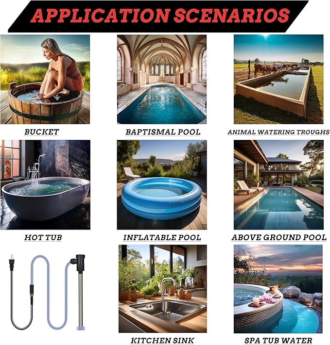 3000W 240V Inflatable Pool Immersion Water Heater with Wifi Timer & Auto Shut Off – Submersible Electric Heater for Above-Ground Pool, Baptismal Pool, Baptistry, Bucket, Bathtub and Hot Tub
