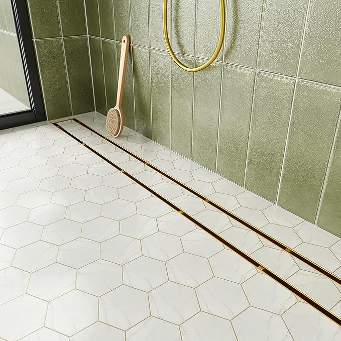 Neodrain 36-Inch Linear Shower Drain with Tile Insert Grate, Golden 304 Stainless Steel Rectangle Shower Floor Drain, Linear Drain with Leveling Feet, Hair Strainer