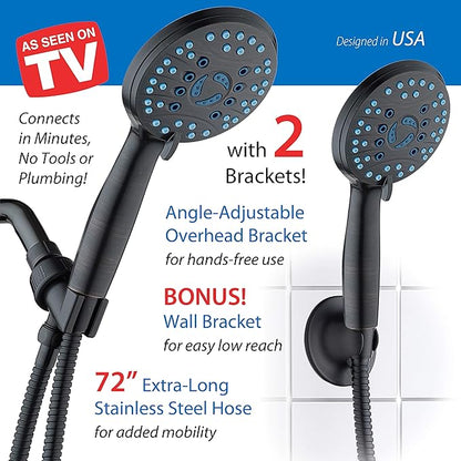 Hotel Spa AquaCare High Pressure 8-mode Handheld Shower Head, Anti-clog Nozzles - Built-in Power Wash to Clean Tub, Tile & Pets, Extra Long 6 ft. Stainless Steel Hose, Wall & Overhead Brackets