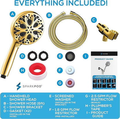 SparkPod 10-Mode Handheld Shower Head with Hose - 5" High Pressure Shower Head Set with Touch-to-Clean Nozzles, Built-In Power Jet, Stainless Steel 6ft Hose & Bracket (Egyptian Gold)