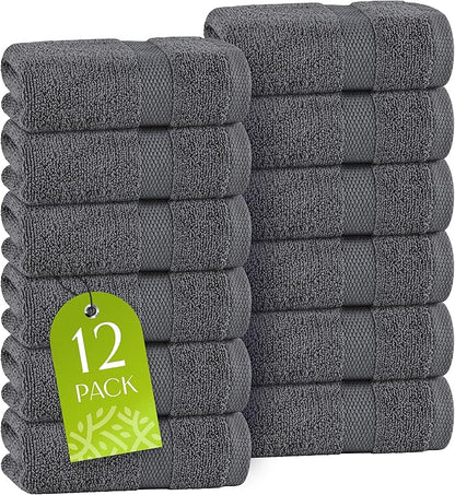 White Classic Dark Gray Washcloths Set for Body and Face Towel, Cotton Wash Cloths Bulk 12 Pack, Spa Fingertip Wash Clothes 12x12 Inch, Soft Absorbent Gym Towels