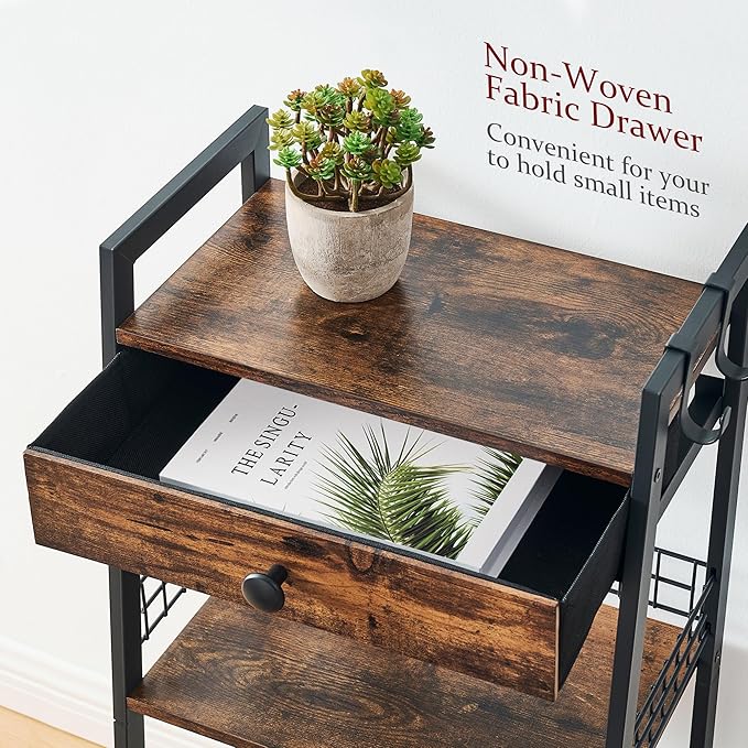 3-Tier Ladder Shelf with Drawer, Bathroom Stand Floor Storage Shelf, Freestanding Tower Shelf Ladder Table for Living Room, Bedroom -Rustic Brown
