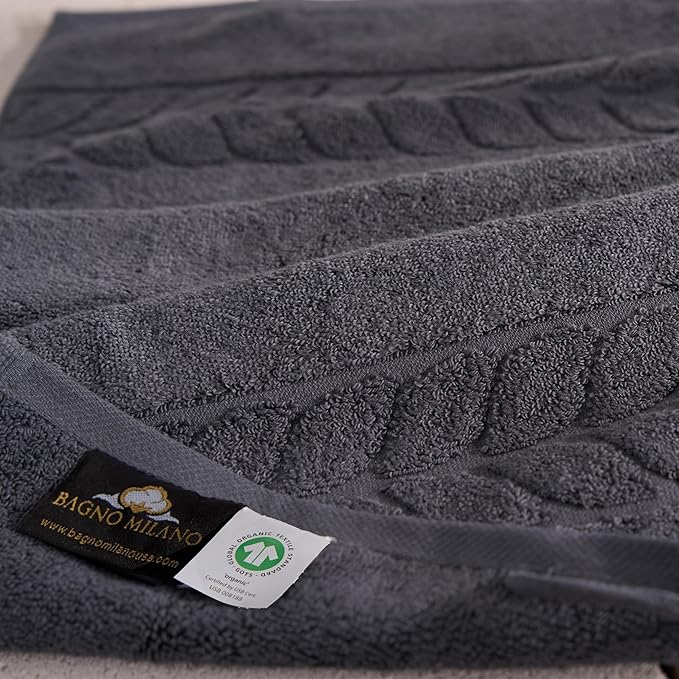 BAGNO MILANO Organic Turkish Cotton Bath Towels, Luxury Jacquard Collection, Certified Organic Highly Absorbent, Soft-Plush Towel Set (Charcoal, 4 Pcs Hand Towel Set)