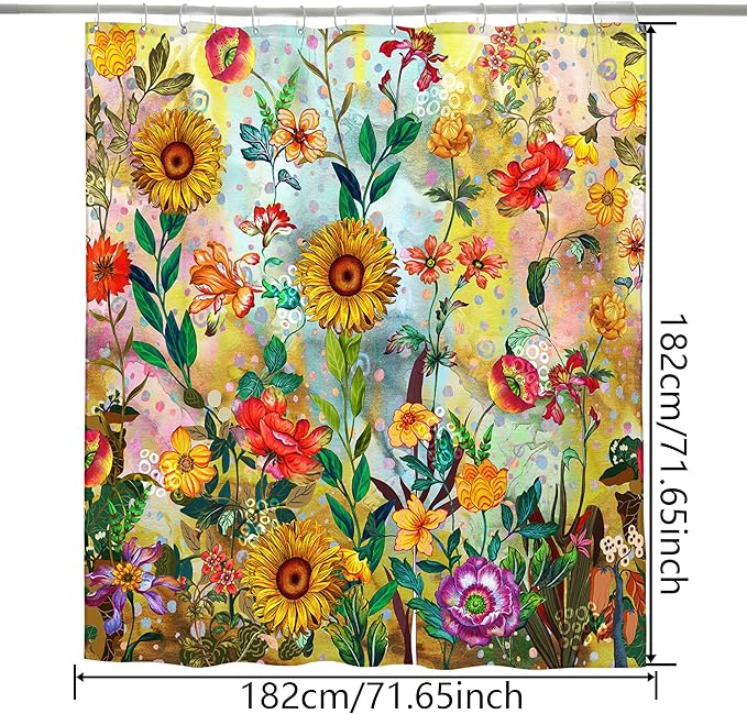 Bohemian Shower Curtain, Boho Floral Print Water Repellent Polyester Fabric for Bathroom Decor, 72×72 Inch Standard Size with 12 Hooks, Also as Room Divider