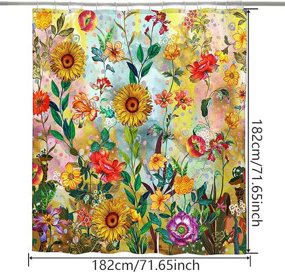 Bohemian Shower Curtain, Boho Floral Print Water Repellent Polyester Fabric for Bathroom Decor, 72×72 Inch Standard Size with 12 Hooks, Also as Room Divider