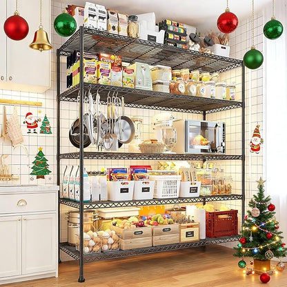 REIBII 45.8“W Metal Shelving Storage Shelves, 5-Tier Wire Shelving Unit,Heavy Duty Garage Shelving, Adjustable Storage Rack for Restaurant Pantry Kitchen Dining Room Supermarket Commercial Black